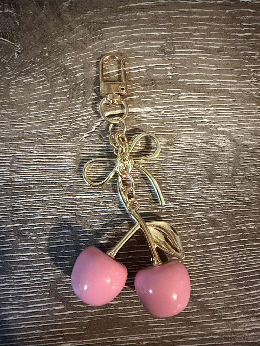 Gold Bow and Pink Cherry Bag Charm Keychain New Hangs 4.25” - Picture 3 of 4